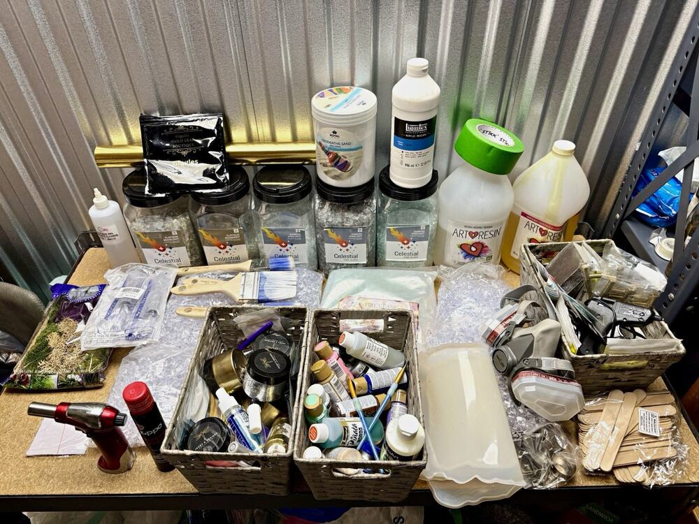 Mixed Craft Supplies Lot - Resin, Fire Glass, Sand, Paint, Brushes, Tools